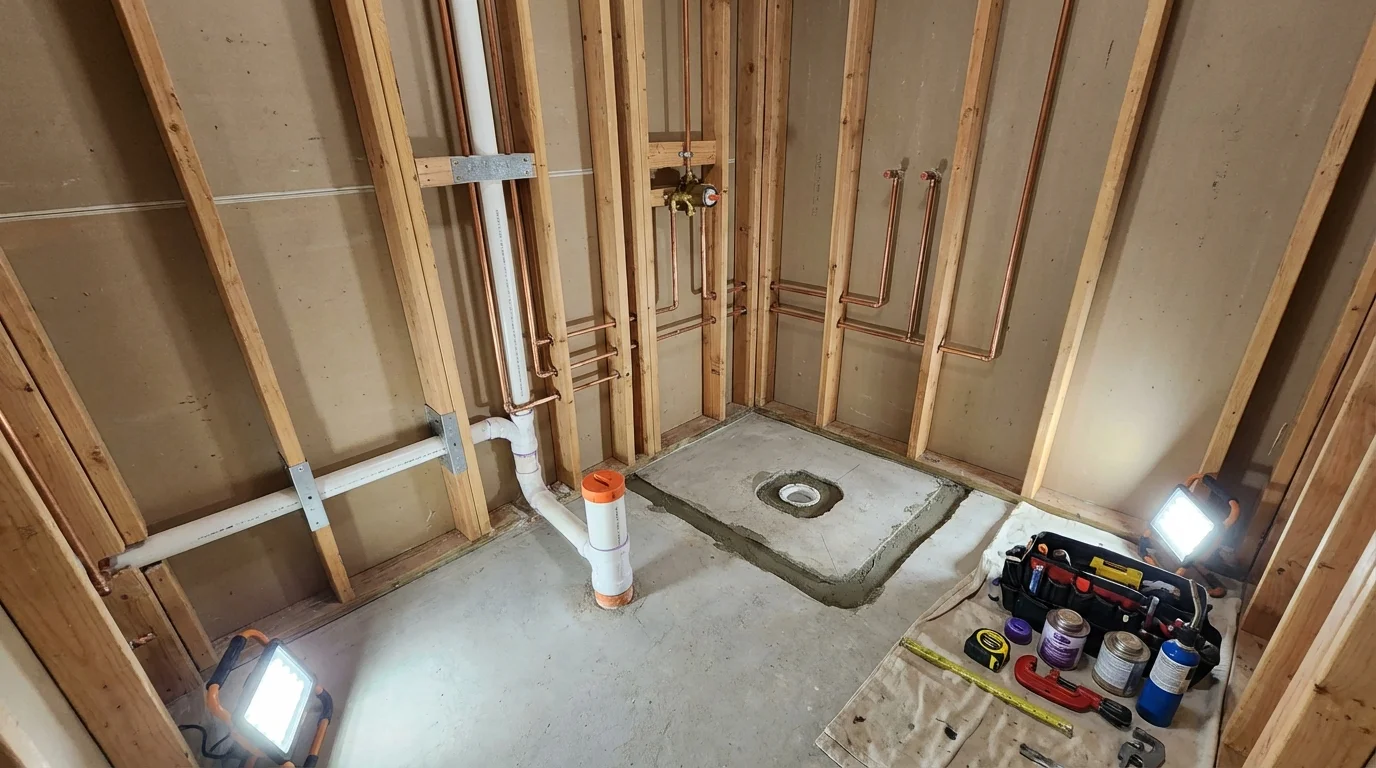 Bathroom rough-in plumbing during remodel by Johns Plumbing LLC in Sparkill