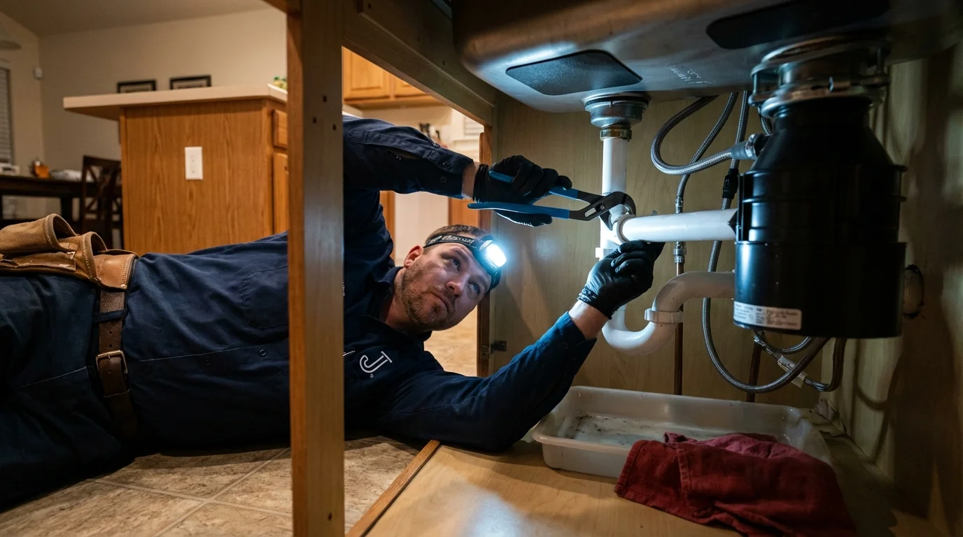 P-trap and supply line connections under a kitchen sink showing a common leak point in Sparkill, NY